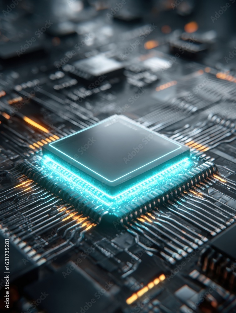Poster close-up view of a modern microprocessor on a circuit board with vibrant blue lighting and intricate