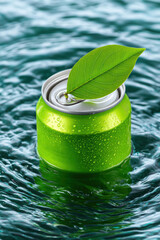Food+and+beverage Refreshing beverage can floats in water with green leaf on top, symbolizing nature and sustainability