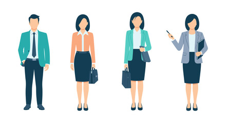 A diverse group of professional business people standing in a row, showcasing teamwork and corporate culture with clean, modern vector graphics on a white background.