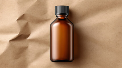 Food+and+beverage Amber glass bottle with black cap sits on crumpled brown paper, perfect for storing food or beverage products