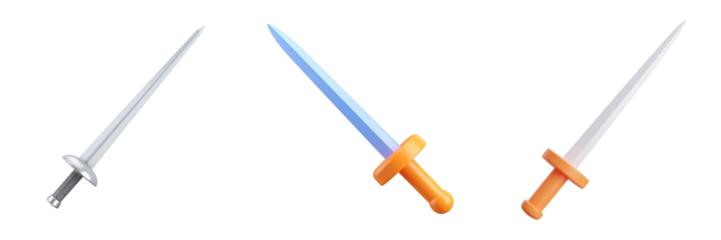 3D Plastic Style Fencing Swords Set Isolated on Transparent Background Showcasing Variations in Silver Orange and Blue Colors with Detailed Blade and Handle Designs