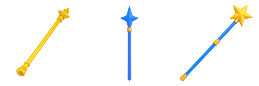 3D Plastic Style Magical Staffs Collection on Transparent Background Featuring Star Top in Gold and Blue
