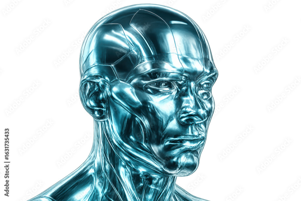 Poster chrome robotic head embodying artificial intelligence, featuring a sleek metallic design and a trans