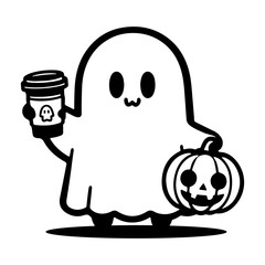 Cute Halloween ghost holding a spice coffee and a carved pumpkin vector illustration isolated On Transparent Background