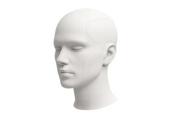 Futuristic white humanoid robot head rendering, closed eyes revealing advanced ai technology against transparent background