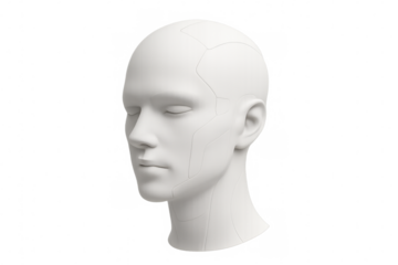 Futuristic white humanoid robot head rendering, closed eyes revealing advanced ai technology against transparent background