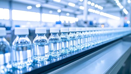 Bottled water production line with clear glass bottles and white caps in a factory