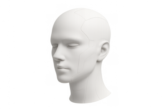 Futuristic white humanoid robot head rendering, closed eyes revealing advanced ai technology against transparent background