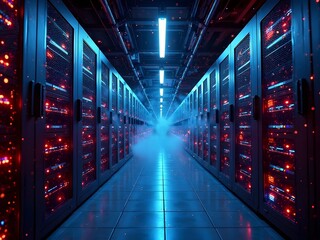 Futuristic data center hallway with blue and red server lights