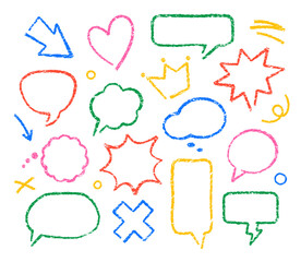Playful hand drawn contour speech bubbles, line stickers with crayon, chalk or pencil texture. Round, oval, cloud, rectangular text balloons. Heart, arrow, burst, crown shape. Childish scribble style