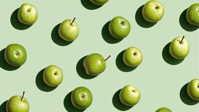 Repetitive pattern of green apples casting shadows on a pastel green background, creating a visually appealing design