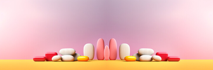 A minimal banner with a clean background, featuring a few small pink pills and a generous amount of copy space. This image is perfect for themes related to medicine and healthcare