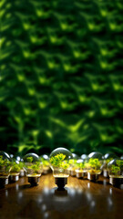 A unique vertical image of a glowing lamp bulbs with a vibrant green plant growing inside. innovative, sustainable energy and a creative approach to the environment, perfect for a story or reel