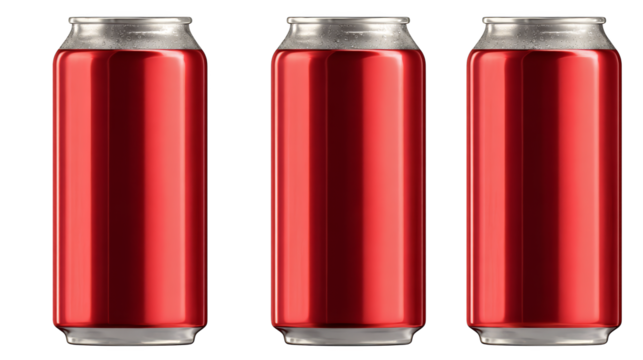 Three vibrant red soda cans with condensation droplets arranged in a neat row against solid white background, an ideal image for beverage and refreshment concepts.