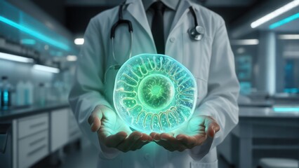 Doctor holds a glowing cell model