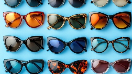 Various sunglasses arranged in rows on a light-blue background