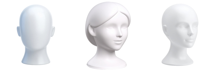 Three Dimensional Plastic Style White Female Head Sculptures On Transparent Background Depicting Various Angles Of Facial Features