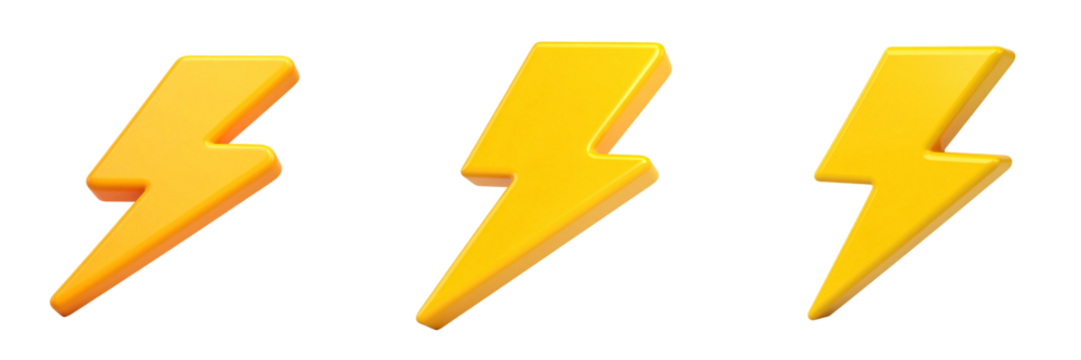 3D Plastic Style Yellow Lightning Bolts on Transparent Background Representing Electricity Energy and Power Isolated Icon Design