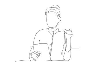 Female student checking her chemical solution. Student working on science projects concept one-line drawing