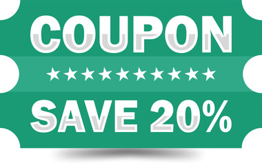 Green Save 20% Coupon Ticket Clipart – Promotional Discount Voucher PNG. Discount coupon 20% off 