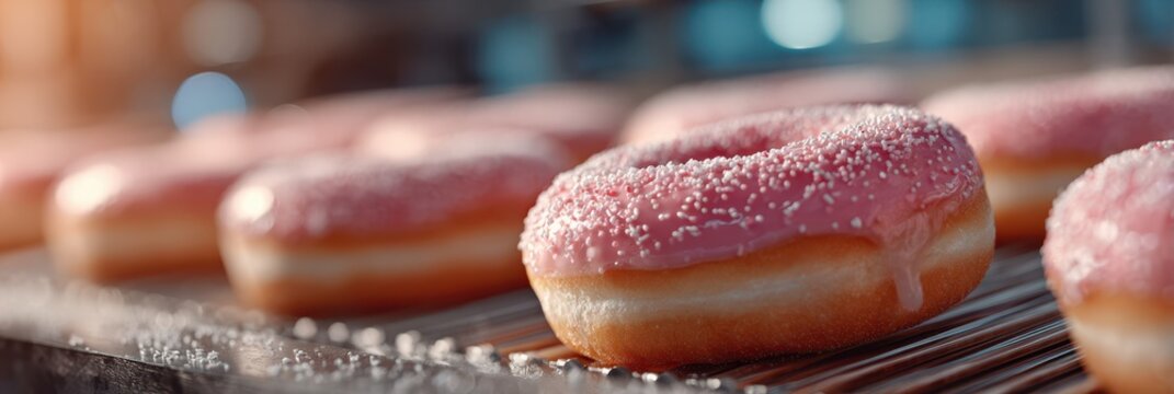 Freshly baked pink frosted donuts cooling on a wire rack in a bakery during morning hours