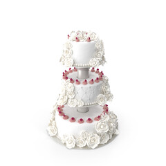 Three Tier White Wedding Cake Decorated with Roses Isolated on Transparent Background