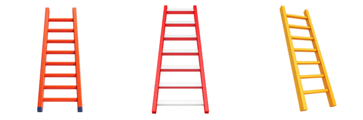 3D Plastic Style Ladders in Orange Red and Yellow Against a Transparent Backdrop Representing Construction Access and Height