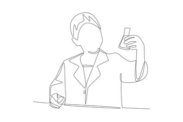 Female student checking her chemical solution. Student working on science projects concept one-line drawing