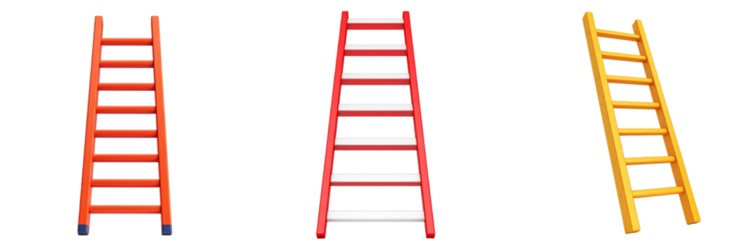 3D Plastic Style Ladders in Orange Red and Yellow Against a Transparent Backdrop Representing Construction Access and Height