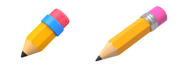 3D Plastic Cartoon Style Pencils With Yellow Body Pink Eraser and Blue Ring Element on Transparent Background