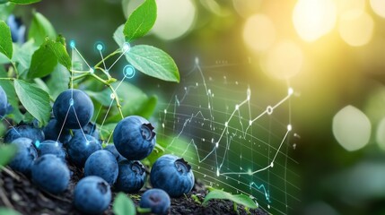 Blueberries growing in a garden with data visualization elements representing agricultural trends and analytics