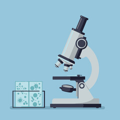A modern microscope on a lab table with a soft blue background, ideal for educational use