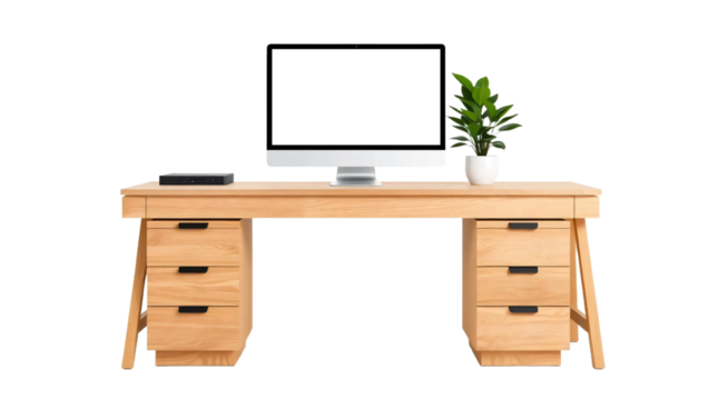 Modern wooden desk setup with computer and plant isolated on transparent background