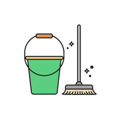 A vibrant green bucket and a cleaning tool stand against a white background, symbolizing cleanliness