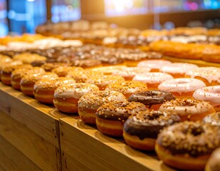 Rows of assorted donuts on wooden display
