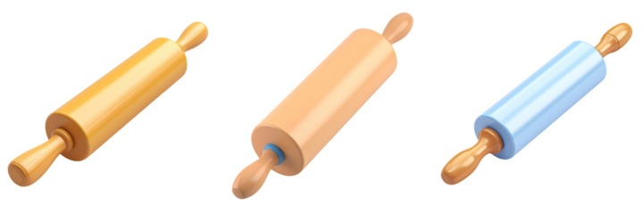Three Rolling Pins In 3D Plastic Cartoon Style Displaying Variety Of Colors With Wooden Handles Against A Transparent Backdrop