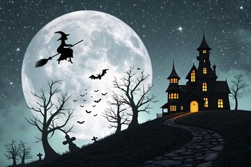 Fototapeta premium Haunted Halloween Night with Witch Flying Over Full Moon, Bats, Graveyard, and Gothic Haunted House