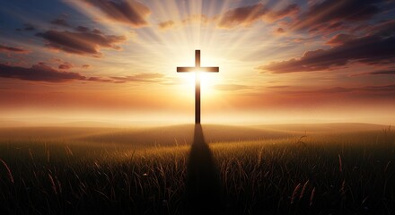 A silhouette of a Christian cross at sunrise with radiant light beams over a misty field, symbolizing faith, hope, and salvation.