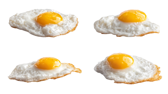 A delicious and simple breakfast of four perfectly fried sunnyside up eggs on clean white ceramic plate, classic nutritious meal to start the day.