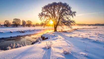 Sunrise paints a winter scene; snow-covered field, frost, river, solitary tree
