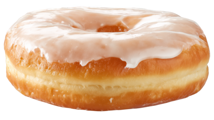 A classic sweet glazed donut with shiny sugary frosting, an irresistible baked pastry dessert perfect for delicious morning breakfast or snack time treat.