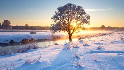Sunrise paints a winter scene; snow-covered field, frost, river, solitary tree