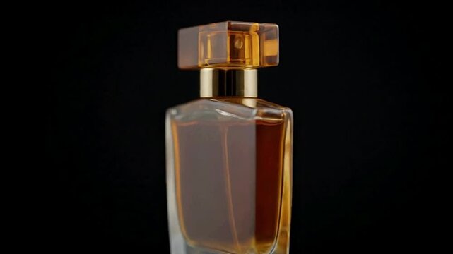 A sleek amberhued perfume bottle is centrally staged against a stark black backdrop