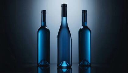 This image features three tall, elegant blue glass bottles arranged side by side against a cool, gradient blue background. The bottles are of uniform height and shape, with smooth, glossy surfaces tha