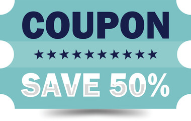 Blue Save 50% Coupon Ticket Clipart – Half Price Discount Voucher PNG. Discount coupon 50% off 