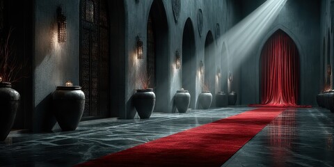 Elegant corridor with red carpet, intricate decor, and soft light streaming through arched windows in a luxurious setting