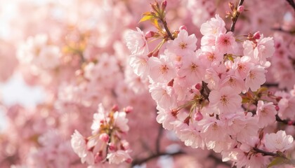Delicate pink cherry blossom flowers bloom in soft spring light. Soft focus background enhances the floral beauty of sakura petals on tree branches. Represents growth, renewal, and romance in nature.