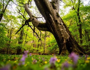 Majestic ancient tree in vibrant springtime forest