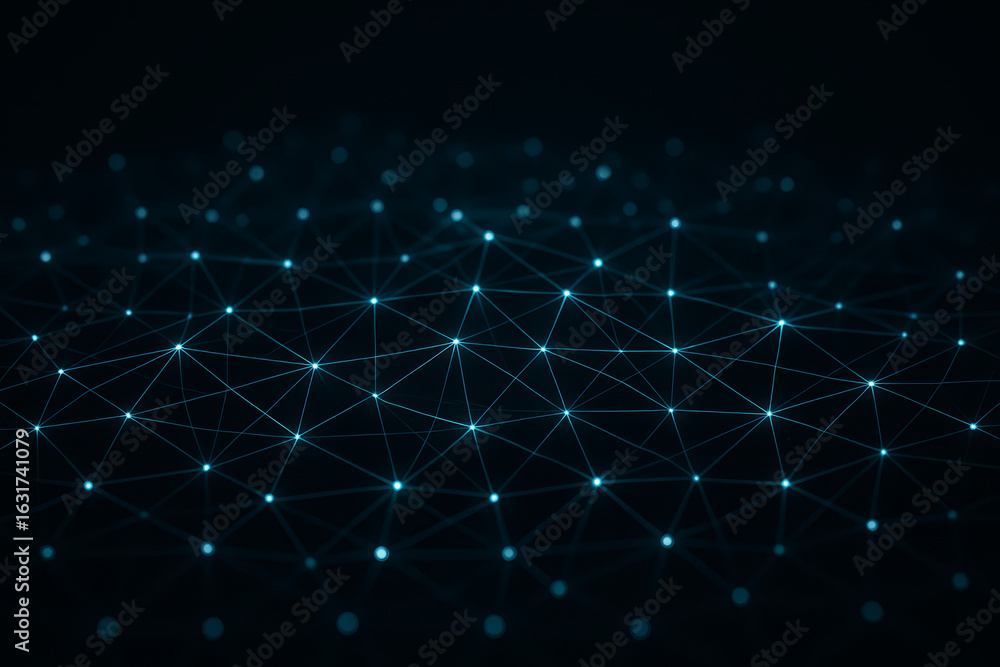 Poster futuristic glowing network of blue nodes and connecting lines on a dark background, abstract digital