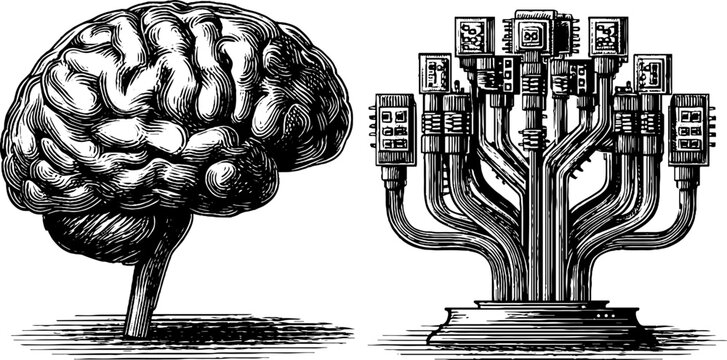 Engraved illustrations of human brain and circuit board design for educational use